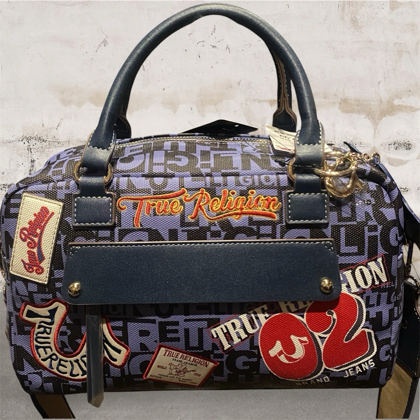 True Religion Blue Logo Multi-Patch Crossbody Satchel Bag~Buddha Purse Charm~NWT