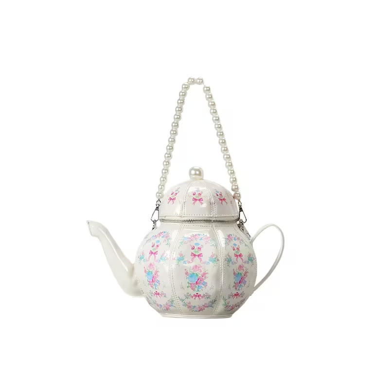 White Teapot Purse Pearl Handle & Strap Coquette Cottagecore Kawaii Handbag
