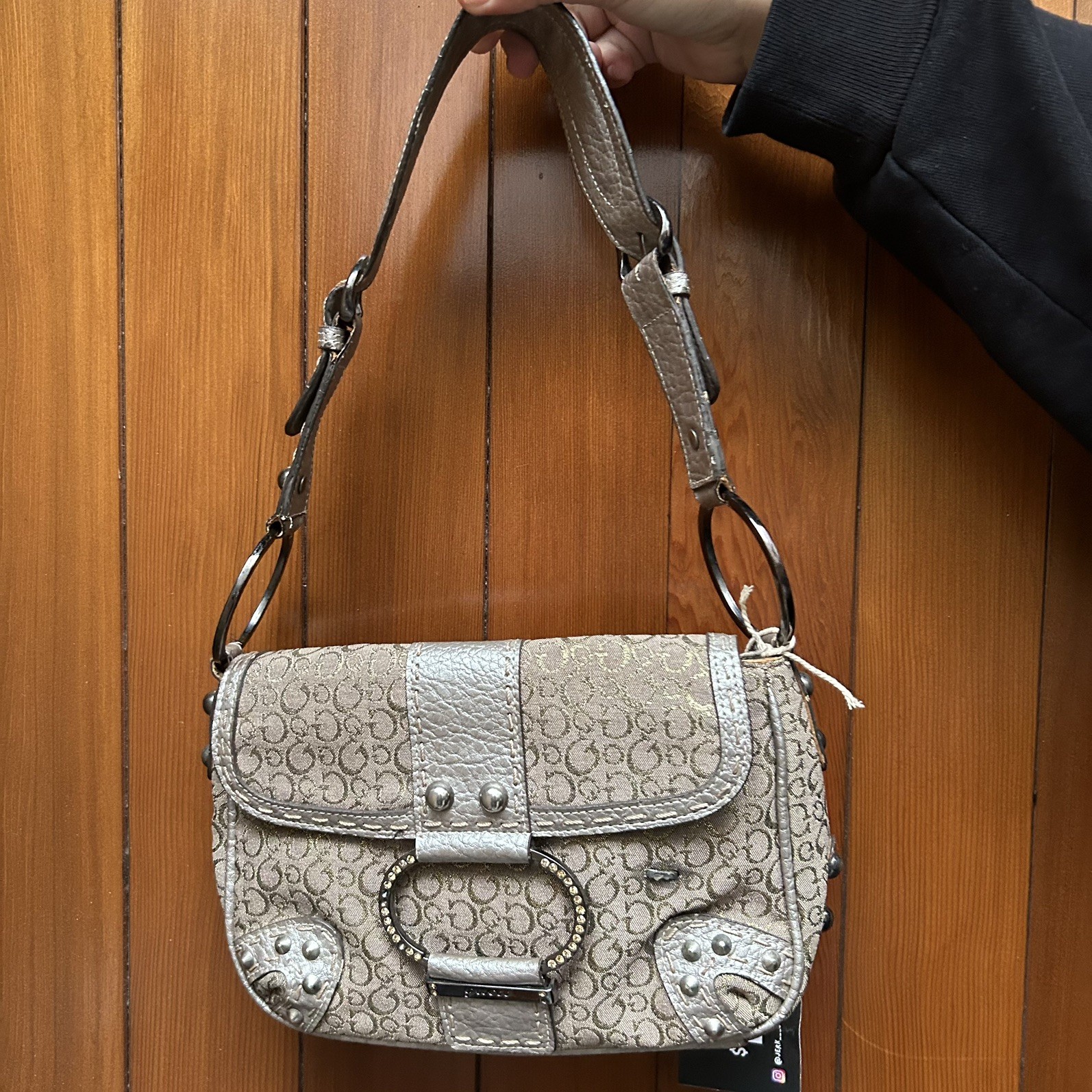 y2k guess monogram shoulder bag with silver hardware