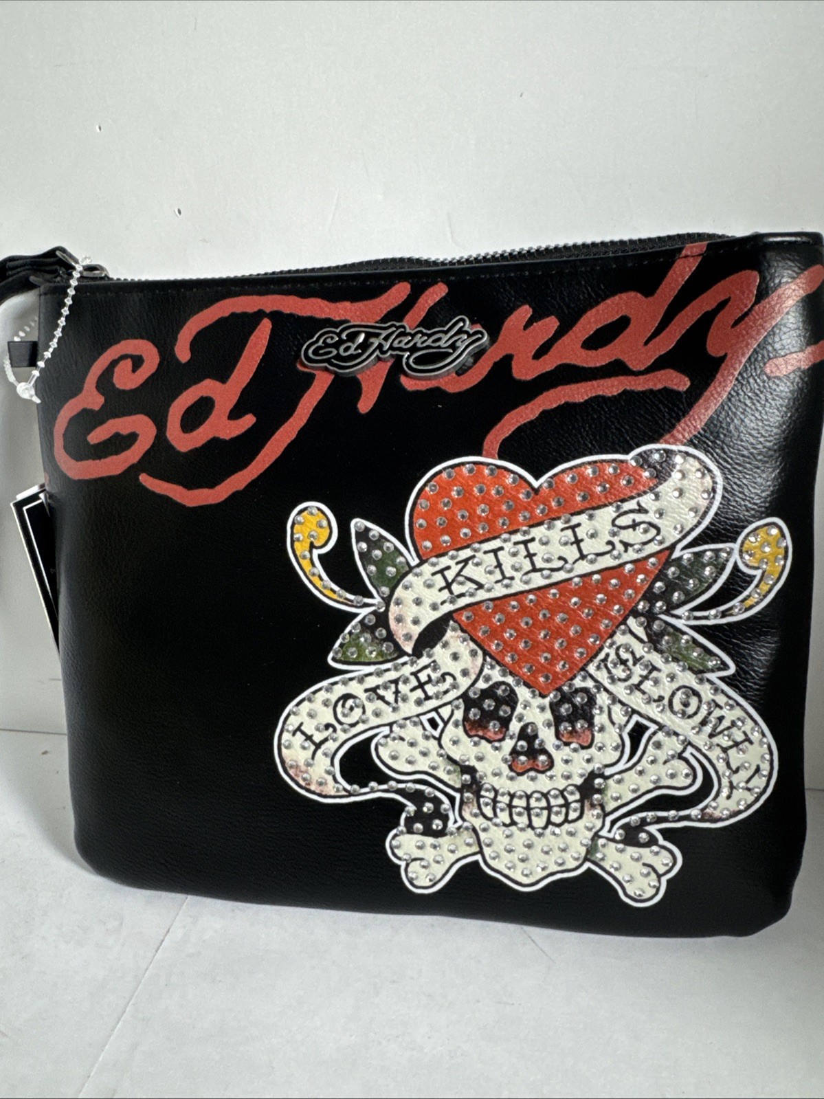 ED HARDY WRISTLET Wallet NWT Black Multi Tattoo Love Kills Slowly Rhinestone