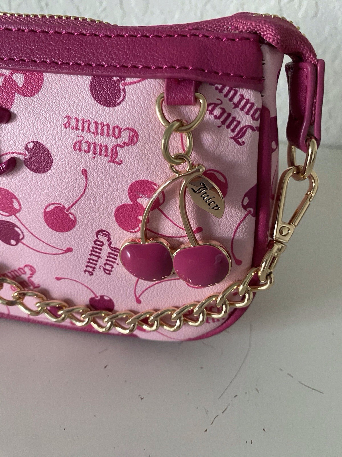Juicy Couture Cherry On Top Mini Wristlet Bag Light Pink Raspberry Tart W/Charm