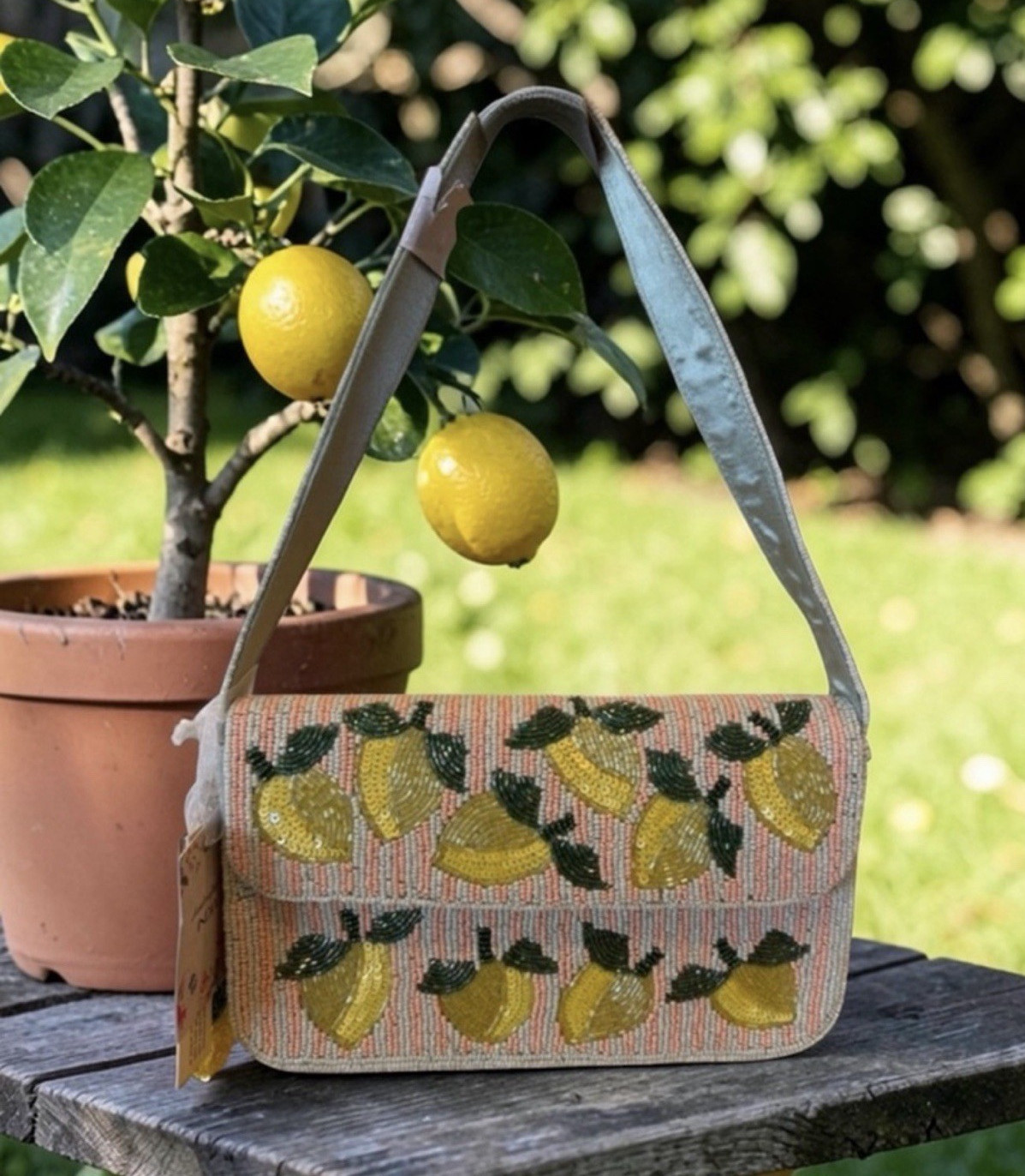 Viral Pink & Green Beaded Lemon Shoulder Bag w/lemon Bag Charm