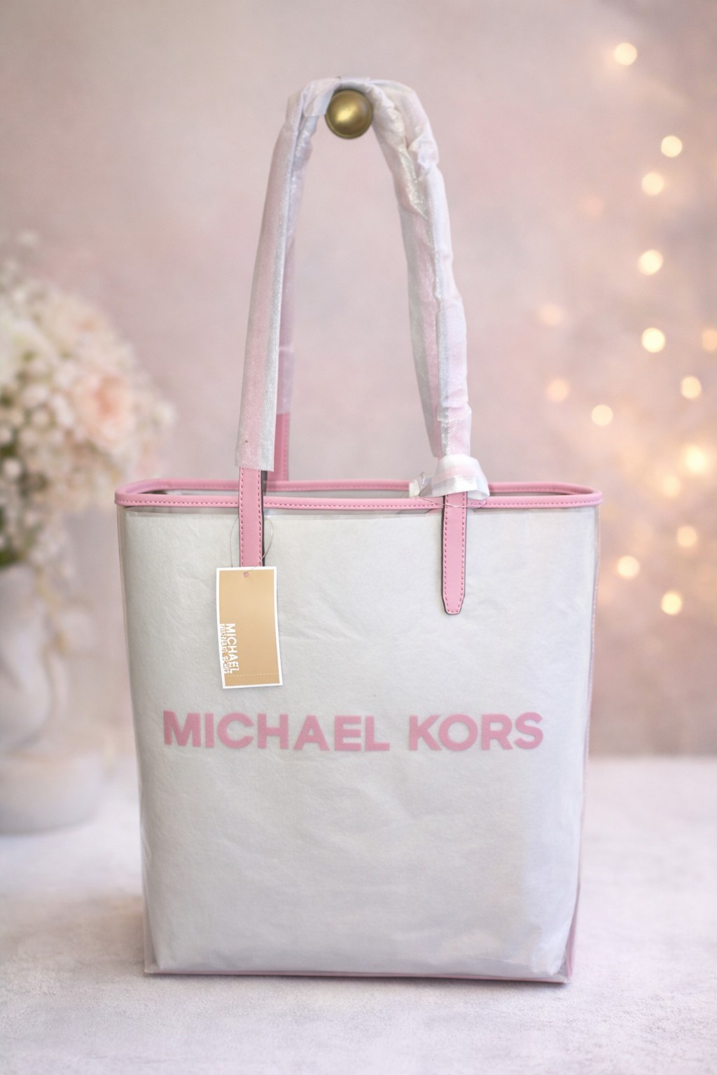 Michael Kors Large Shopper Tote Bag Clear Vinyl With Pink MK Logo New w/ Tag