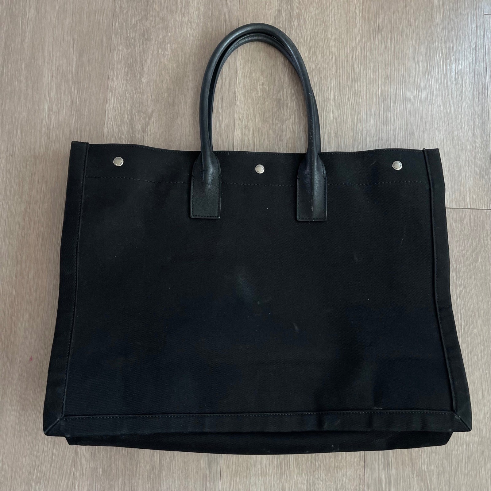 Saint Laurent Rive Gauche Tote Bag Large Black Canvas Leather Logo Chic Carryall