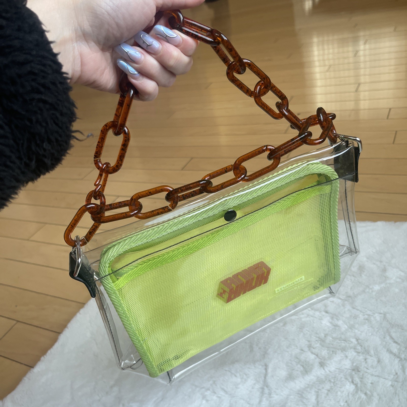 Custom Clear PVC Purse Bag Tortoise Chain Handle + Removable Neon Insert Bag