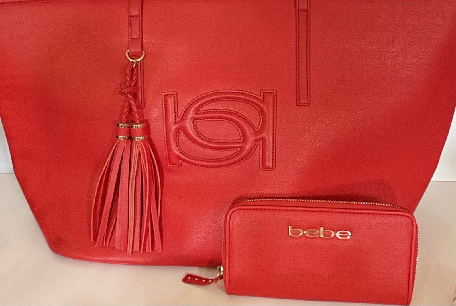 bebe Red Large Tote Handbag Purse Matching Zip Wallet Tassel 2 Strap
