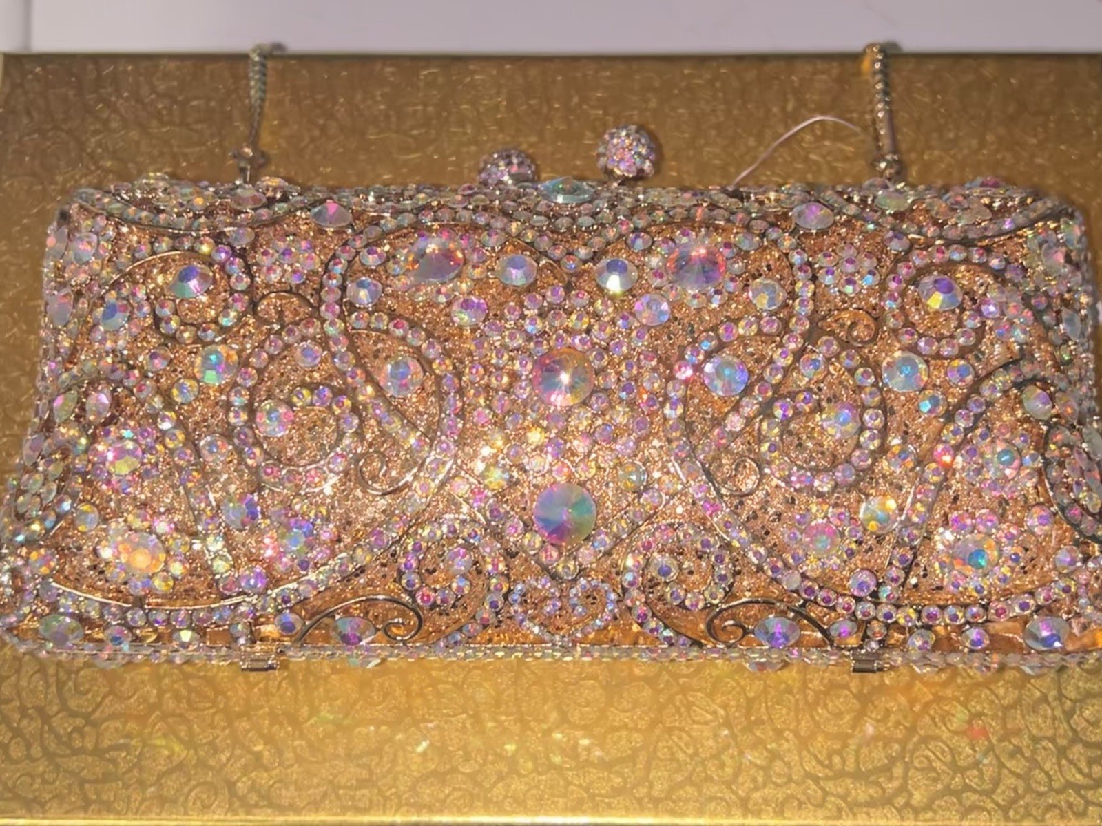 NEW Swarovski Aurora Borealis Gold Silver Crystal Handbag Clutch Gatsby WOW Glam