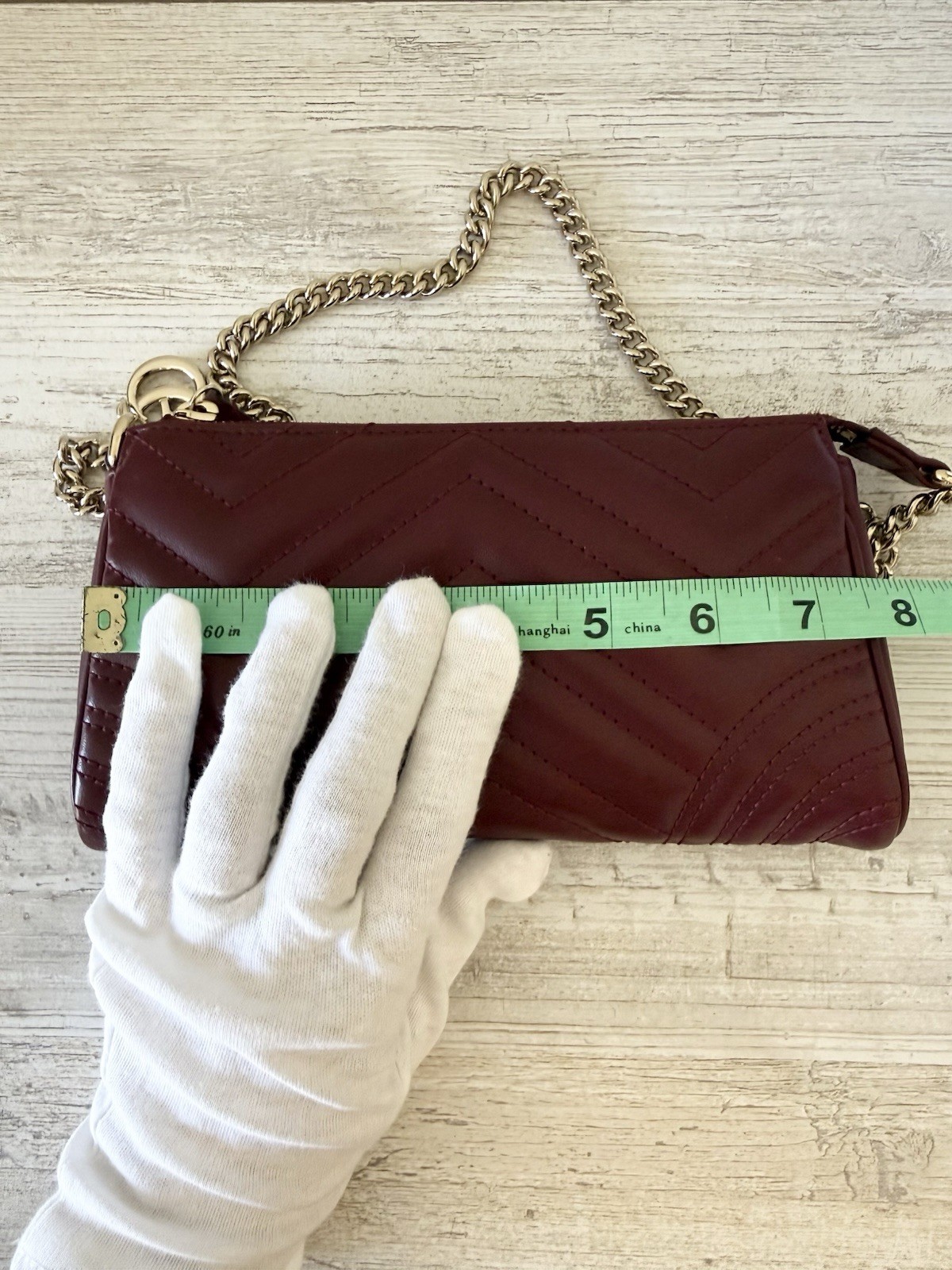 New Gucci Marmont GG leather small shoulder bag with chain, burgundy