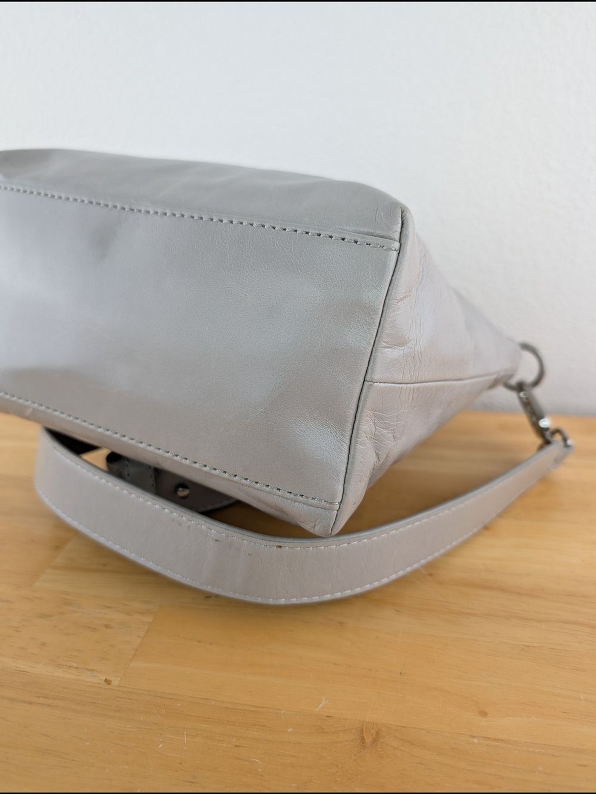 Hobo Gray Smooth Leather Crossbody Bag Clutch Wide Strap Silver Toned Hardware