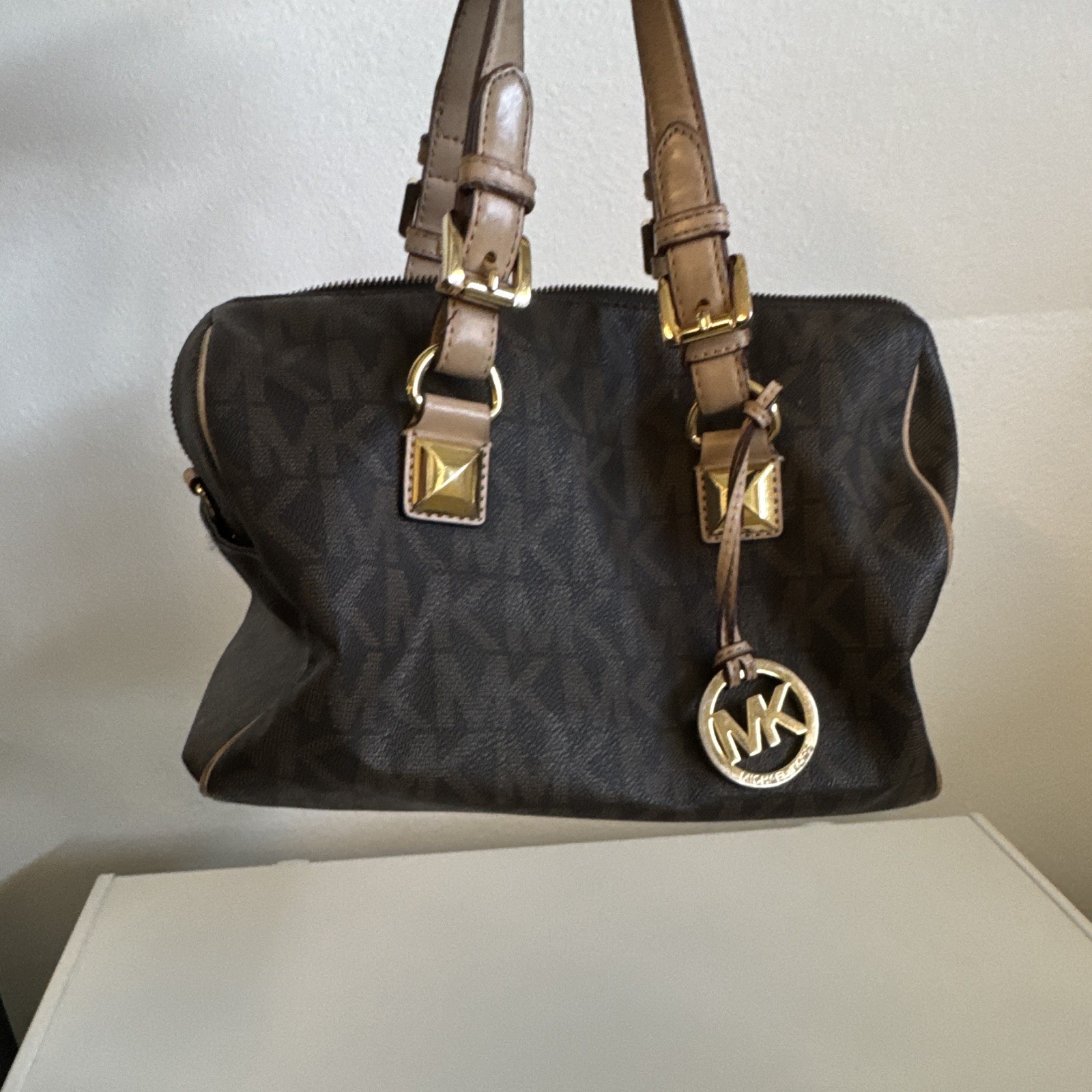 Michael Kors Brown MK Monogram Satchel Top Handle Zip, Gold Hardware, Charm