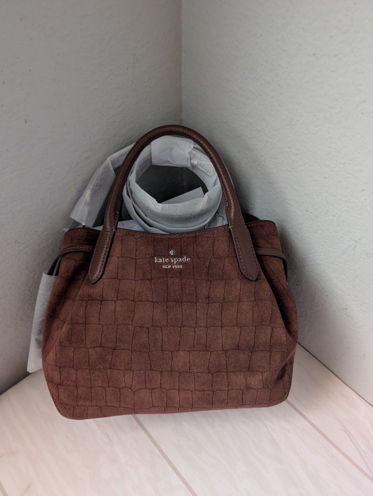 NWT Kate Spade KP879 Dumpling Suede Croc Satchel Bag In Chocolate Truffle