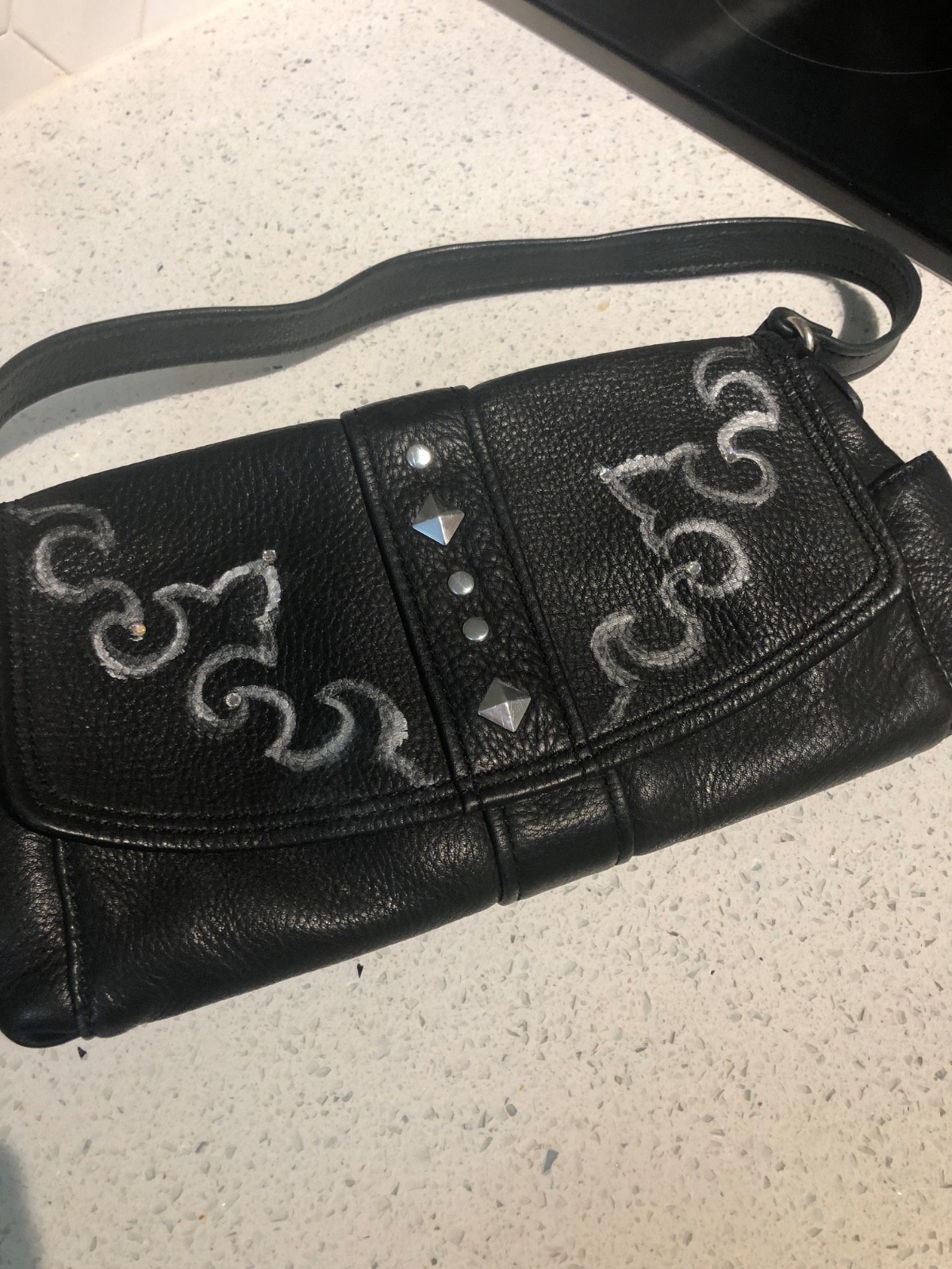 Ladies Western FOSSIL Black Leather Concealed Carry Shoulder Bag Hand Painted
