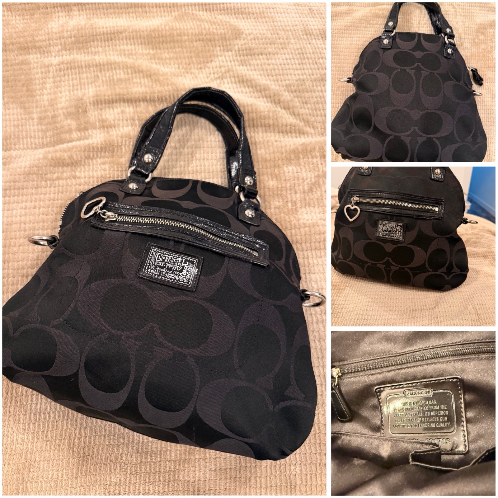 Coach Black Logo Satchel Top Handle Zip Handbag Purse w/ Charm Inner Pockets
