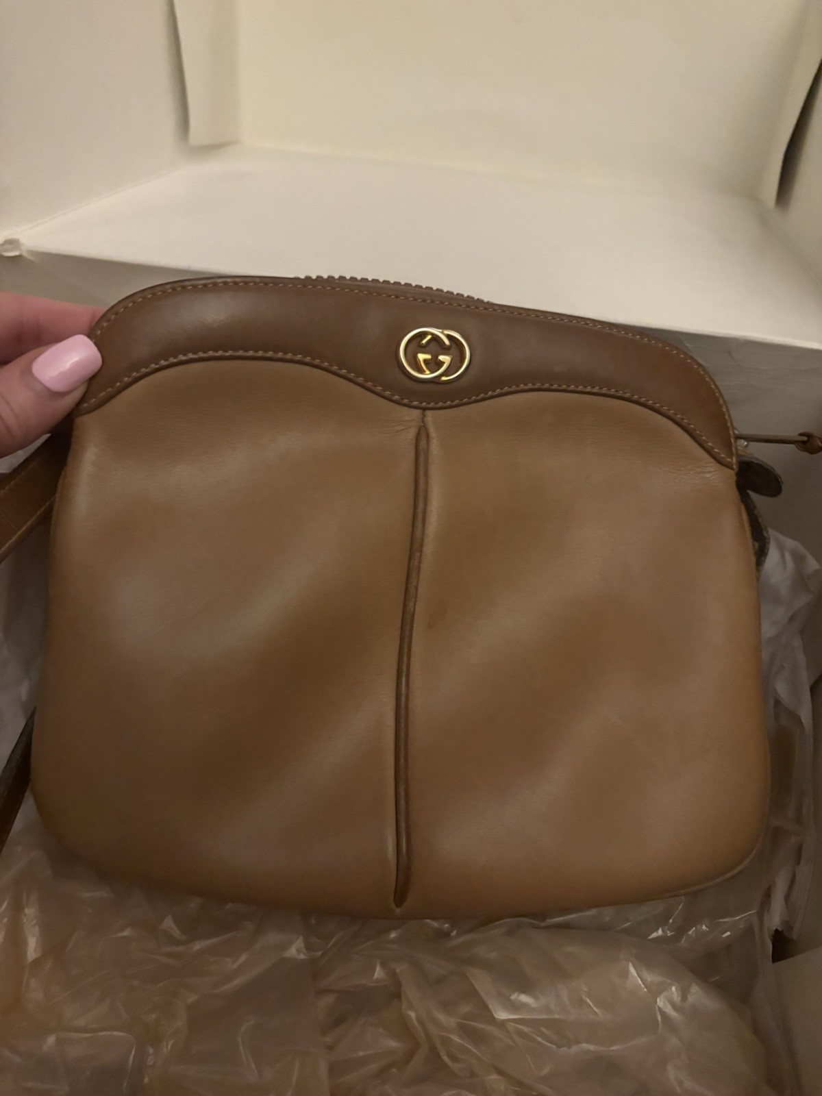 Vintage Gucci Brown Leather Crossbody Shoulder Bag GG Logo w/ Original Box