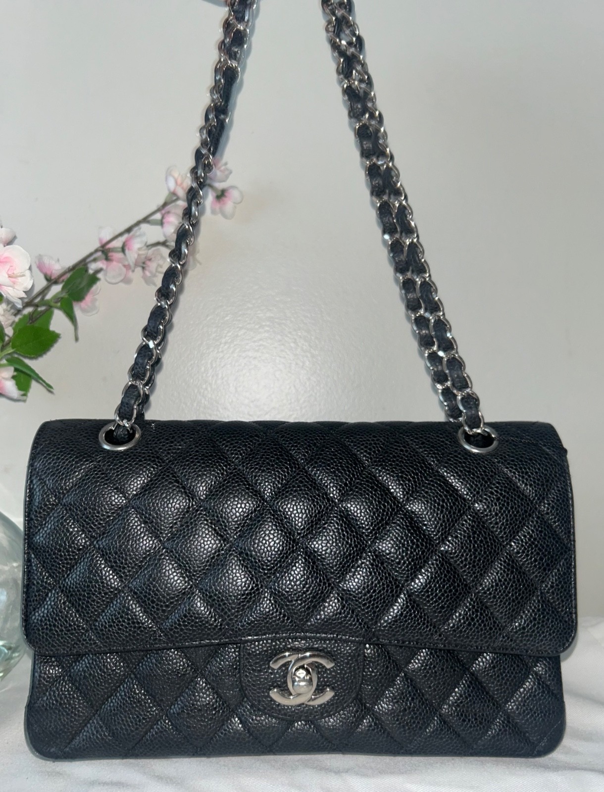 CHANEL Medium Classic Double Flap Caviar Leather Quilted Handbag Black