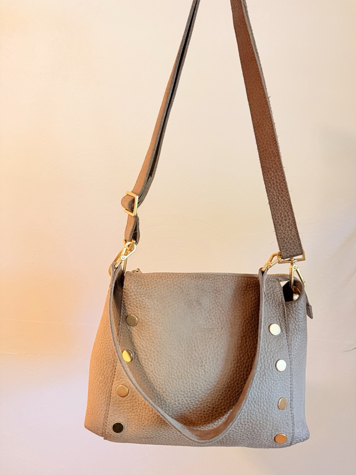 Hammitt Bryant Medium Pewter Pebble Leather Shoulder Bag Brushed Gold Hardware