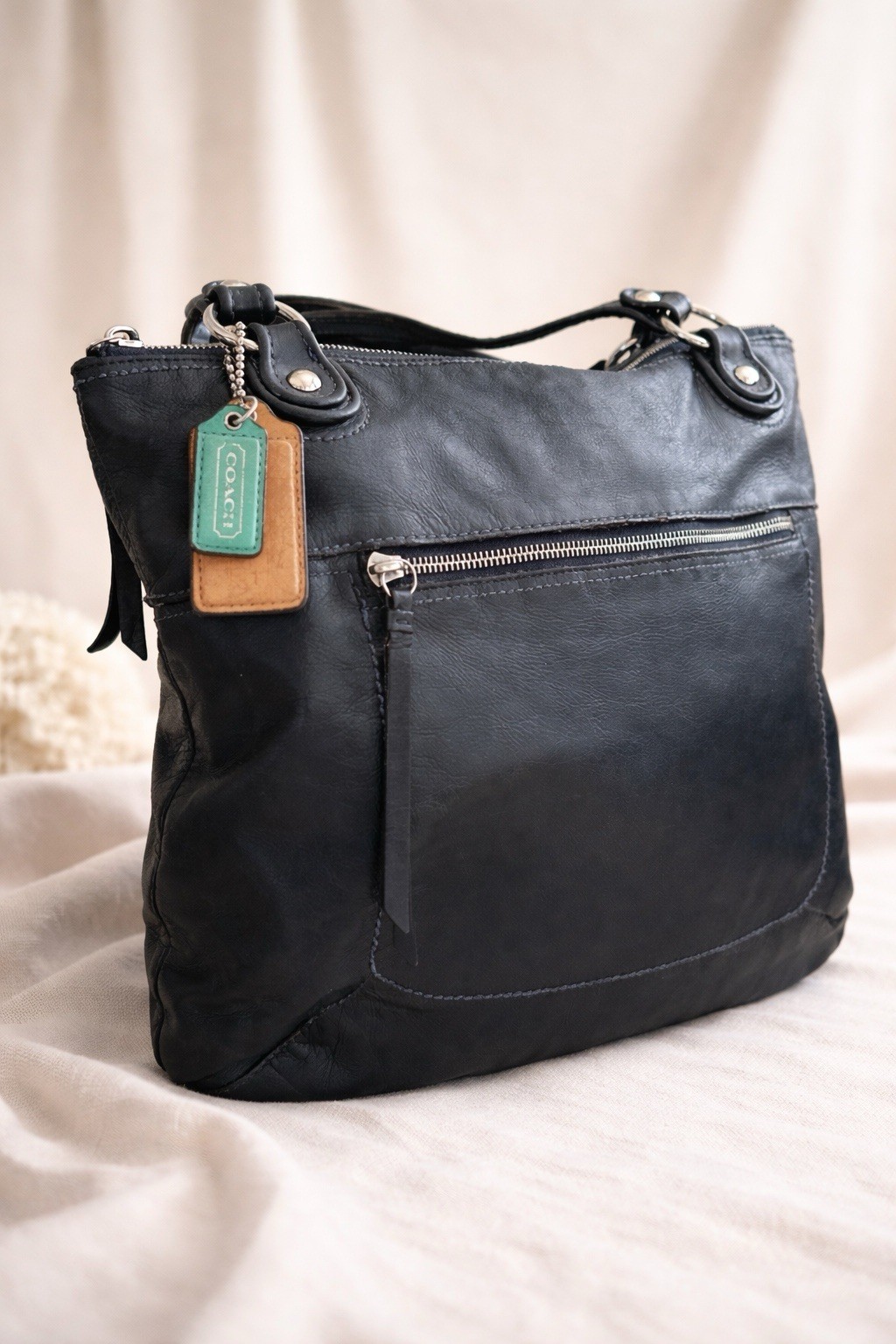 Coach Poppy Glam Tote Navy Blue Large Zip Closure Double Handles Brand Card