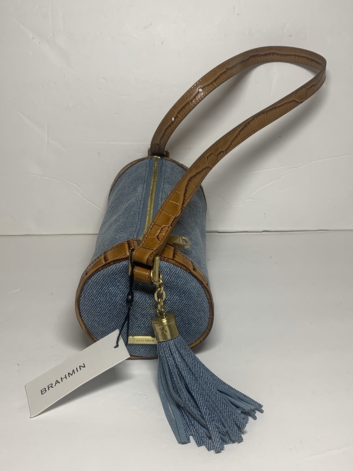 BRAHMIN Billie Barrel Shoulder Bag Denim Leather Brushed Gold Harrware NWT