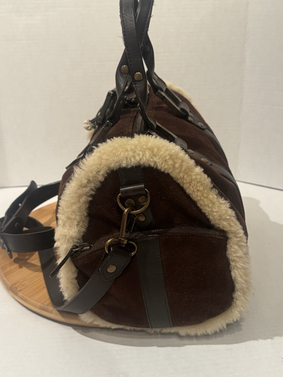 VTG UGG Australia Shearling Suede Pom Pom Tote Bag barrel Handbag Y2K Boho Brown