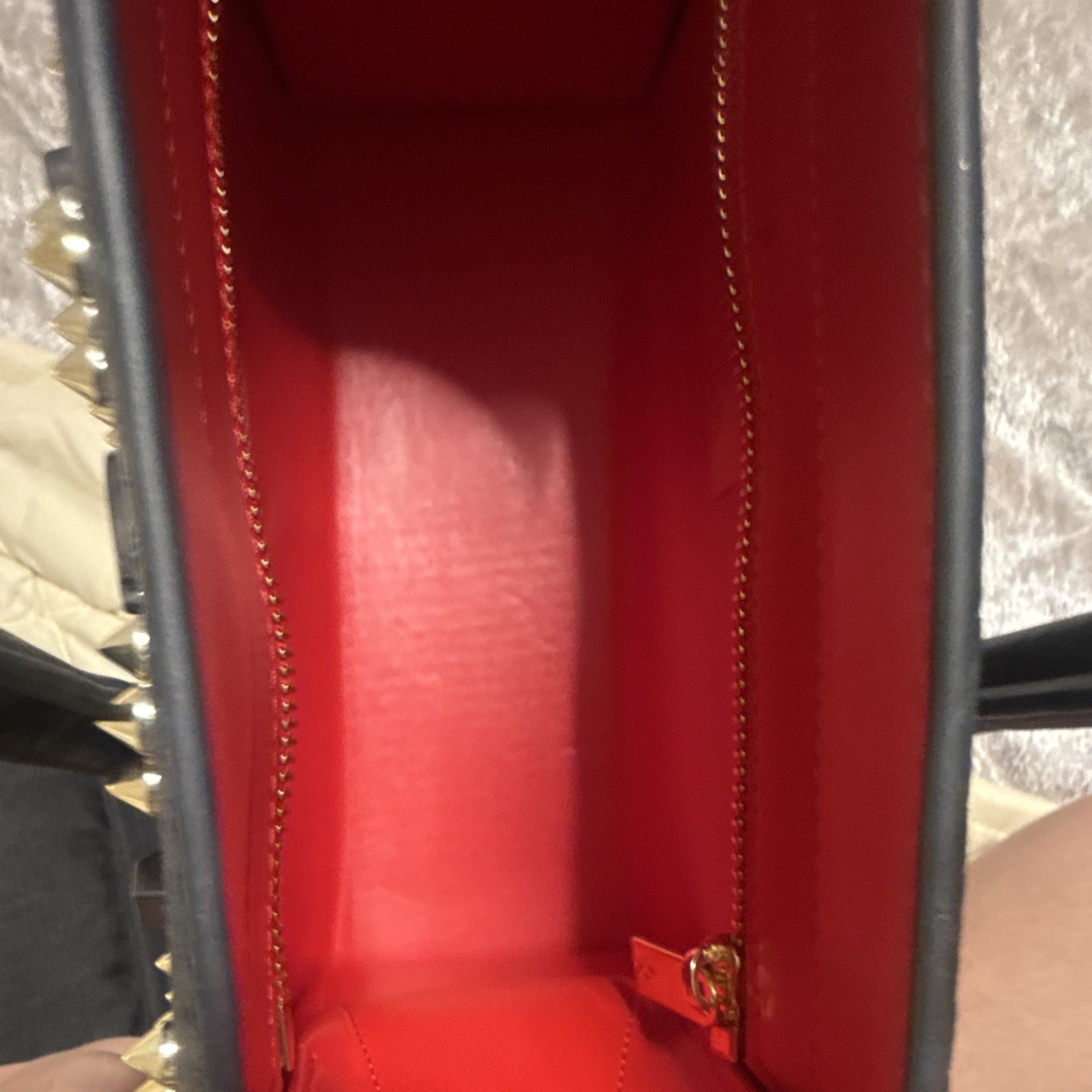 CL Black Studded Logo Tote, Detachable Strap, Zip, Red Lining