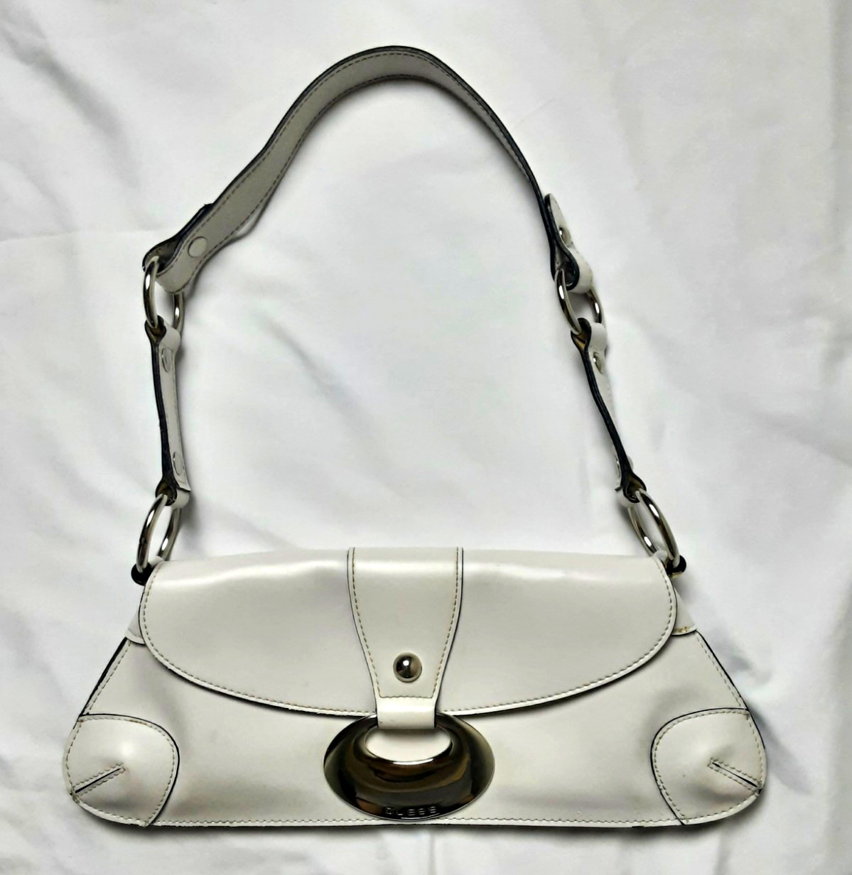 90s Y2k Vintagewhite Vinyl GUESS Baguette W/ Chrome/silver Design