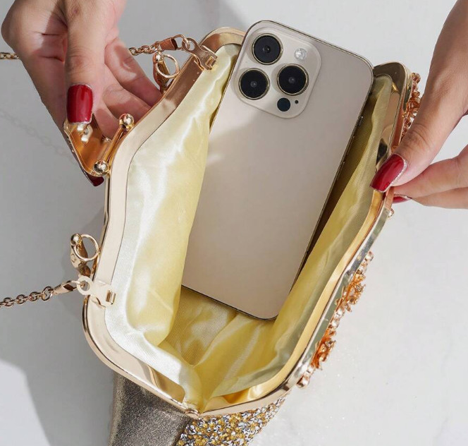 EVENING BAG- Gold Tone Rhinestone Decorated Metal Handle Clutch Purse, Luxury El