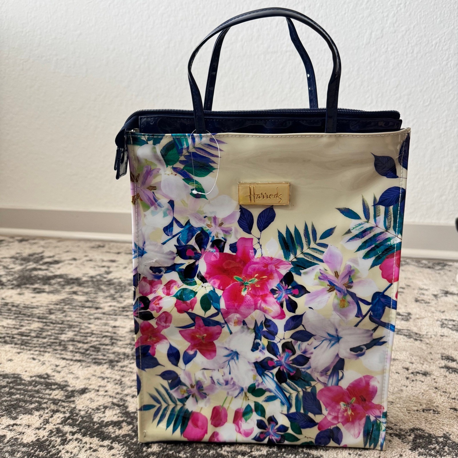 Harrods Floral Shopper Tote Navy Cream Pink PVC Zipper Top Golden Logo Plaque