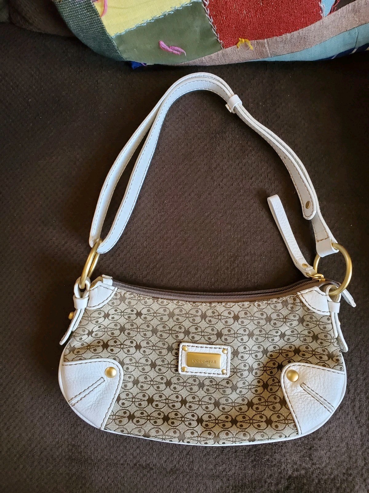 Coccinelle Vintage Monogram Canvas Shoulder Bag White Leather Trim Y2K It Bag