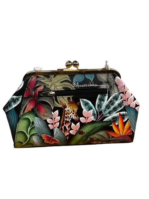 Anuschka Leather Kisslock Crossbody Clutch Bag Jungle Giraffe Art Hand Painted