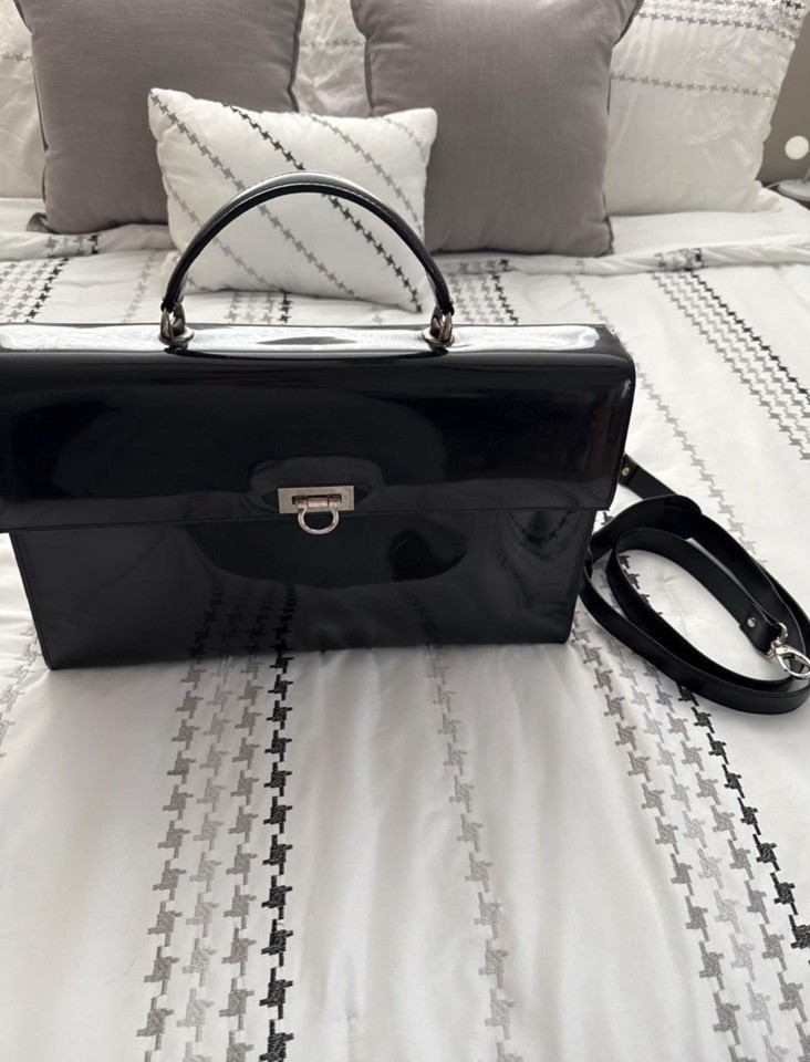 Beijo Black Patent Satchel Top Handle Bag w/ Detachable Strap, Inner Pockets