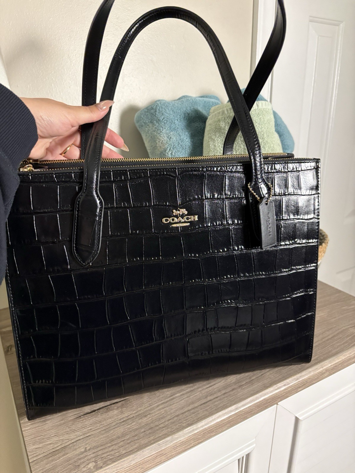 Black Faux Crocodile Leather Tote Coach Bag with Dust Bag
