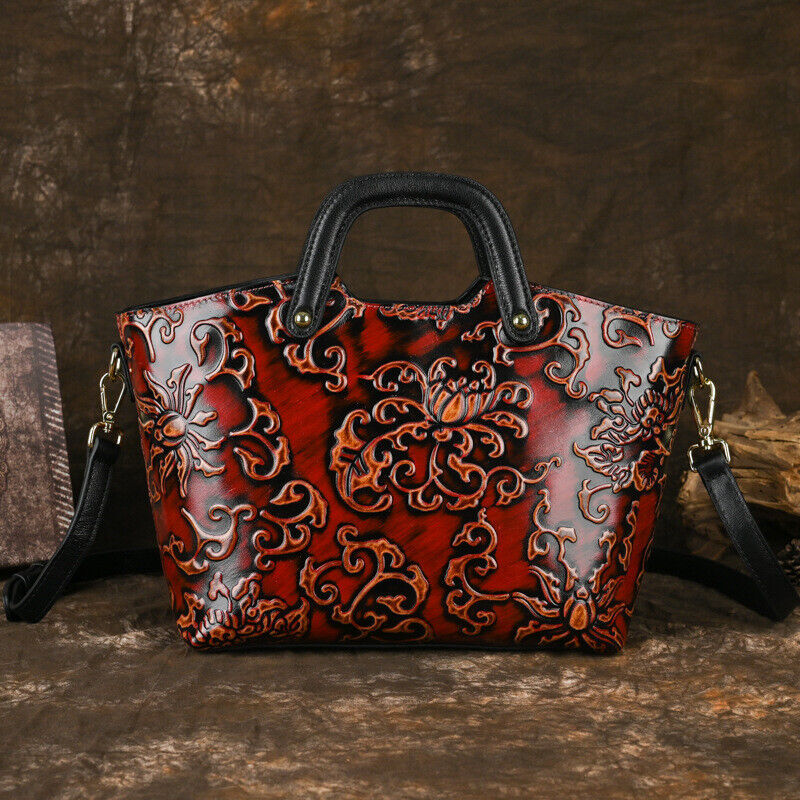 Women Genuine Cow Leather Shoulder Bag Handbag Purse Flower Embossed Tote Travel
