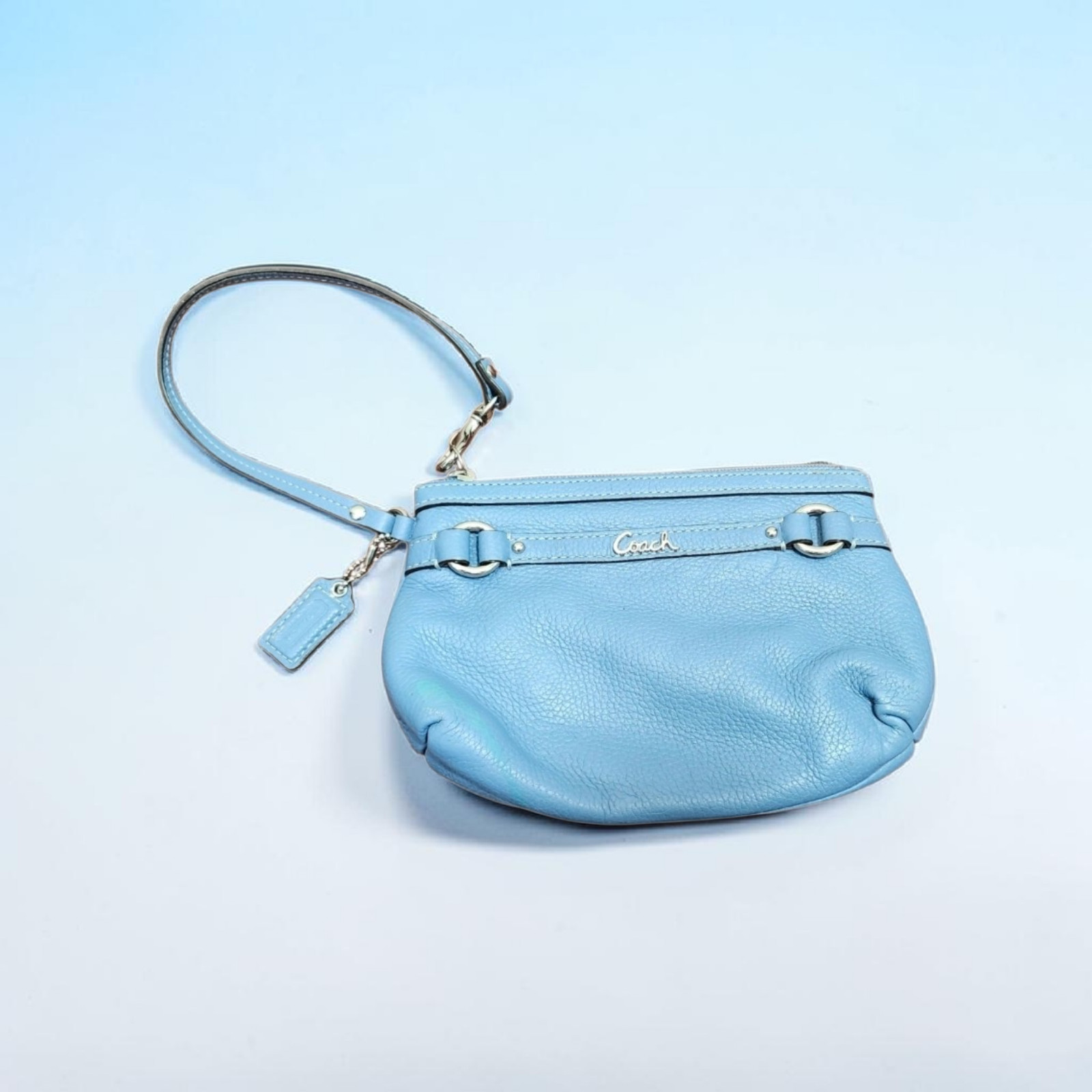 Coach Blue Leather Wristlet Small Pouch Zip Top Mini Bag Y2K Handbag Silver