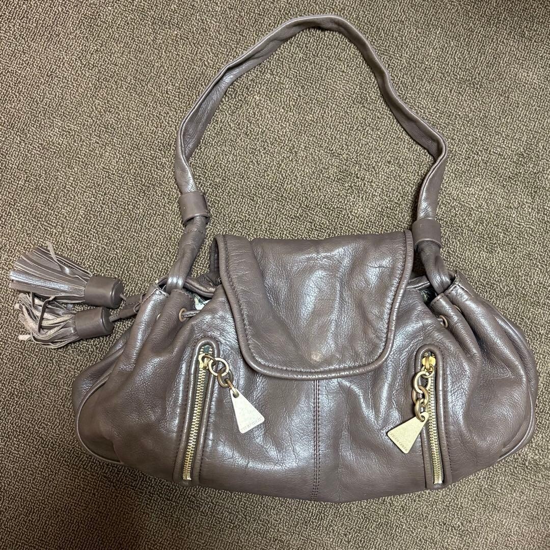 See By Chloe Leather Shoulder Bag Gray Brown Tassel Flap Gold Zippers Auth