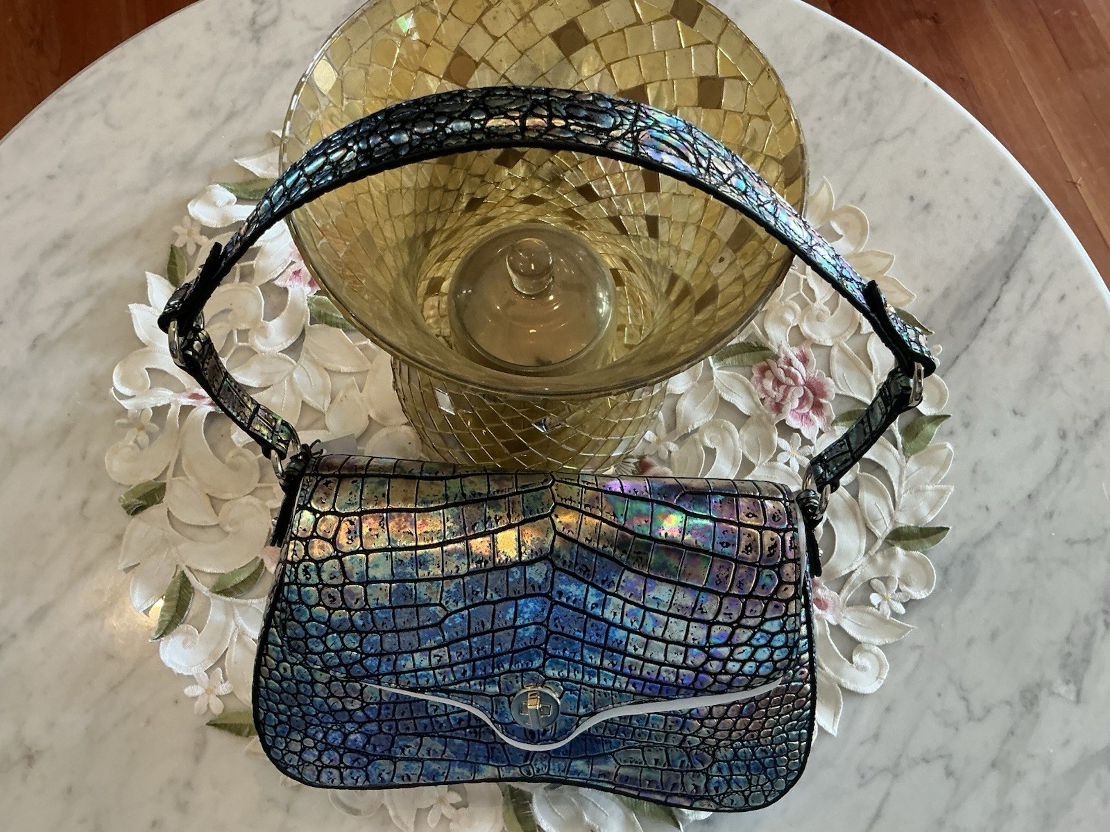 Brahmin Nerida Shoulder Bag Black Galexia Handbag with Iridescent Multicolor