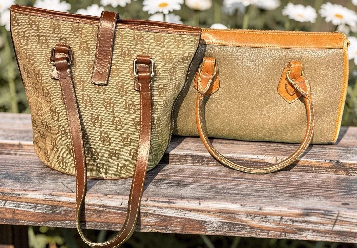 Dooney Bourke Bundle Lot Leather Bags Beige Brown DB Logo Tote Satchel Wallet