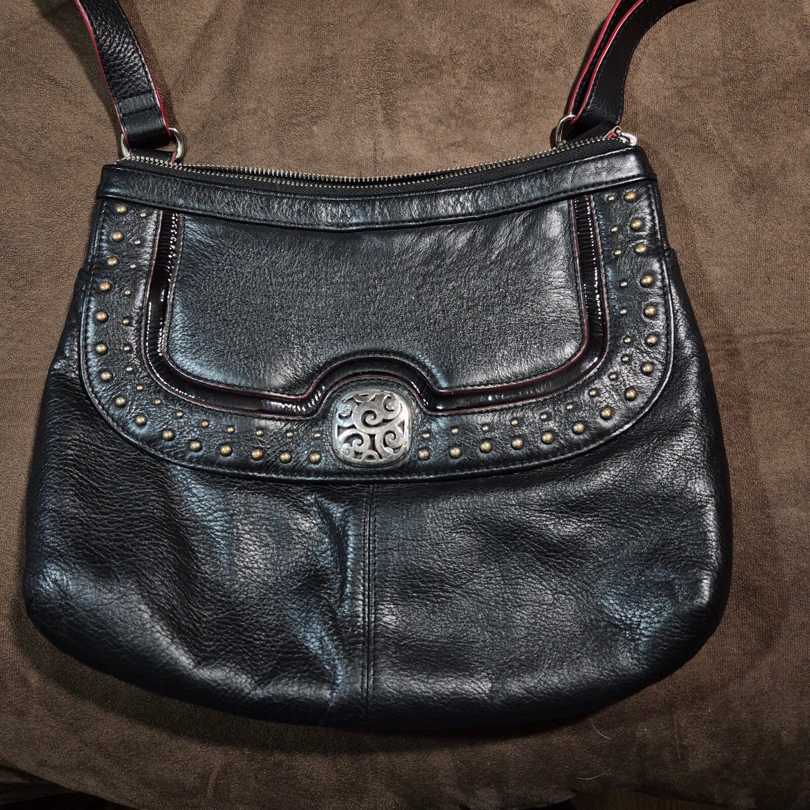 Brighton Bowie Leather Purse Zebra Stripe Lining Studded Black with Red Accents