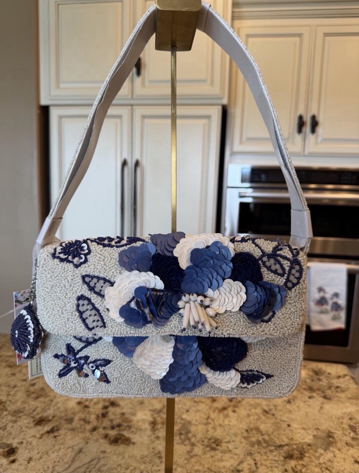 Viral Blue/White Beaded Sequin Floral Shoulder Bag w/ Charm