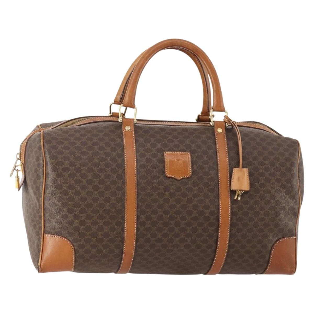 CELINE Macadam Canvas Boston Bag PVC Leather Brown Gold Auth YKZ216