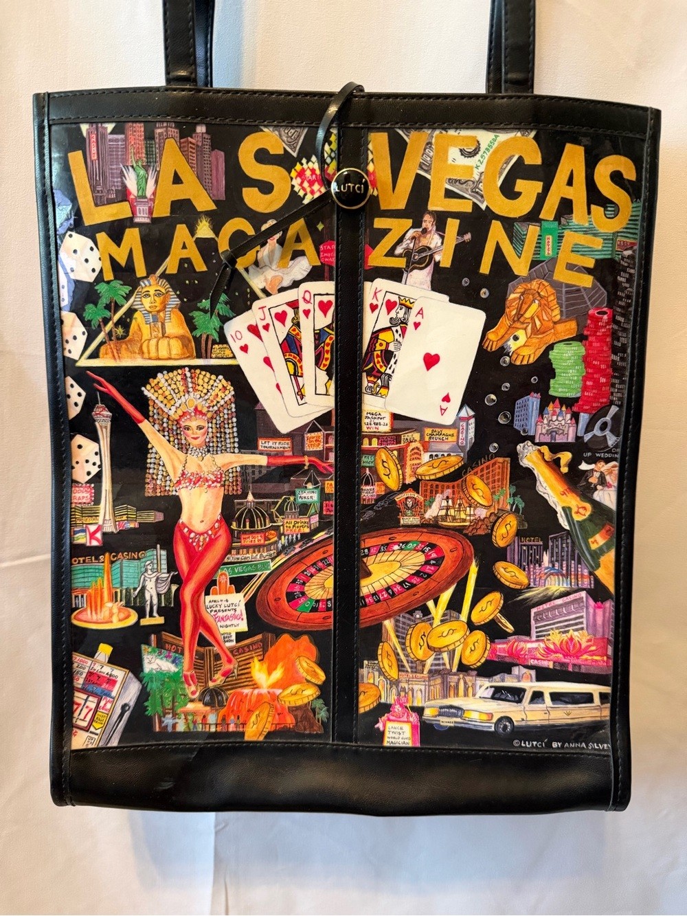 Vintage Lutci Las Vegas Magazine Graphic Tote Bag- Leather