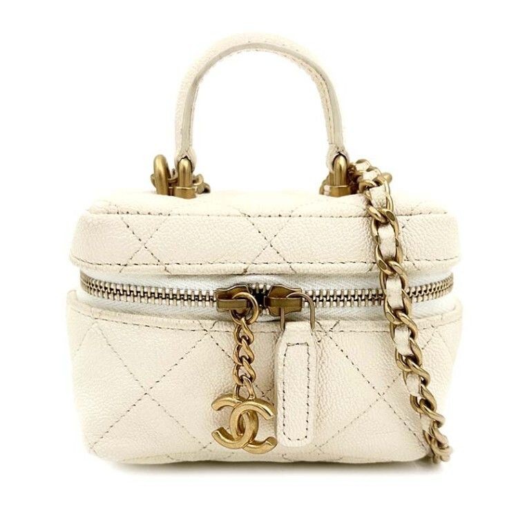 Chanel Vanity Case Bag Caviar Leather White Top Handle Chain Crossbody Bag