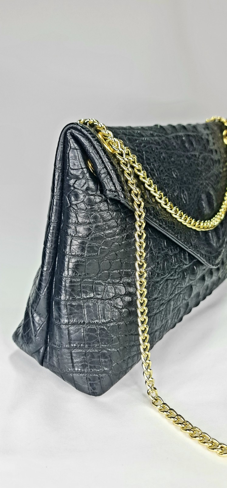 Black Croc Embossed Chain Shoulder Bag Gold 2 Way Crossbody Envelope Elegant
