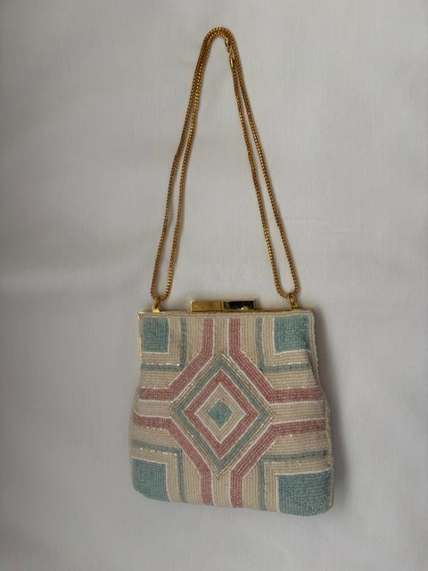 Geometric Blue, Pink and White Multicolor Beaded Bag~Cross body, Lined
