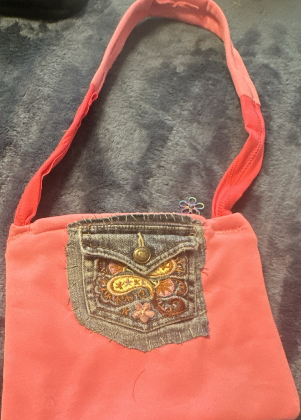 Pink Jean Blue Shoulder Bag with Flower Charm Denim Pocket Zip for Women