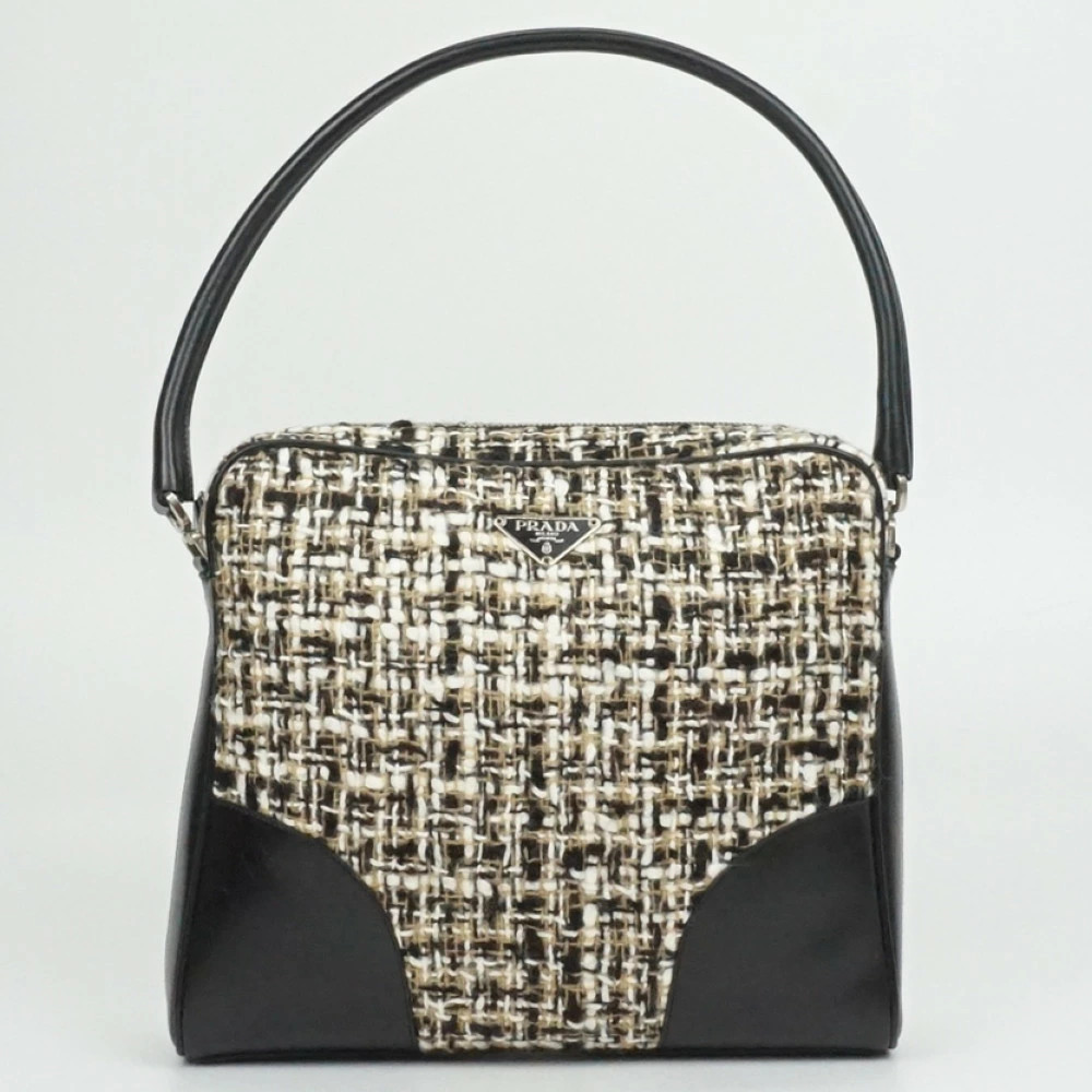 Used PRADA B11229 Tweed Bag Black White Beige Handbag Shoulder Leather Ladies