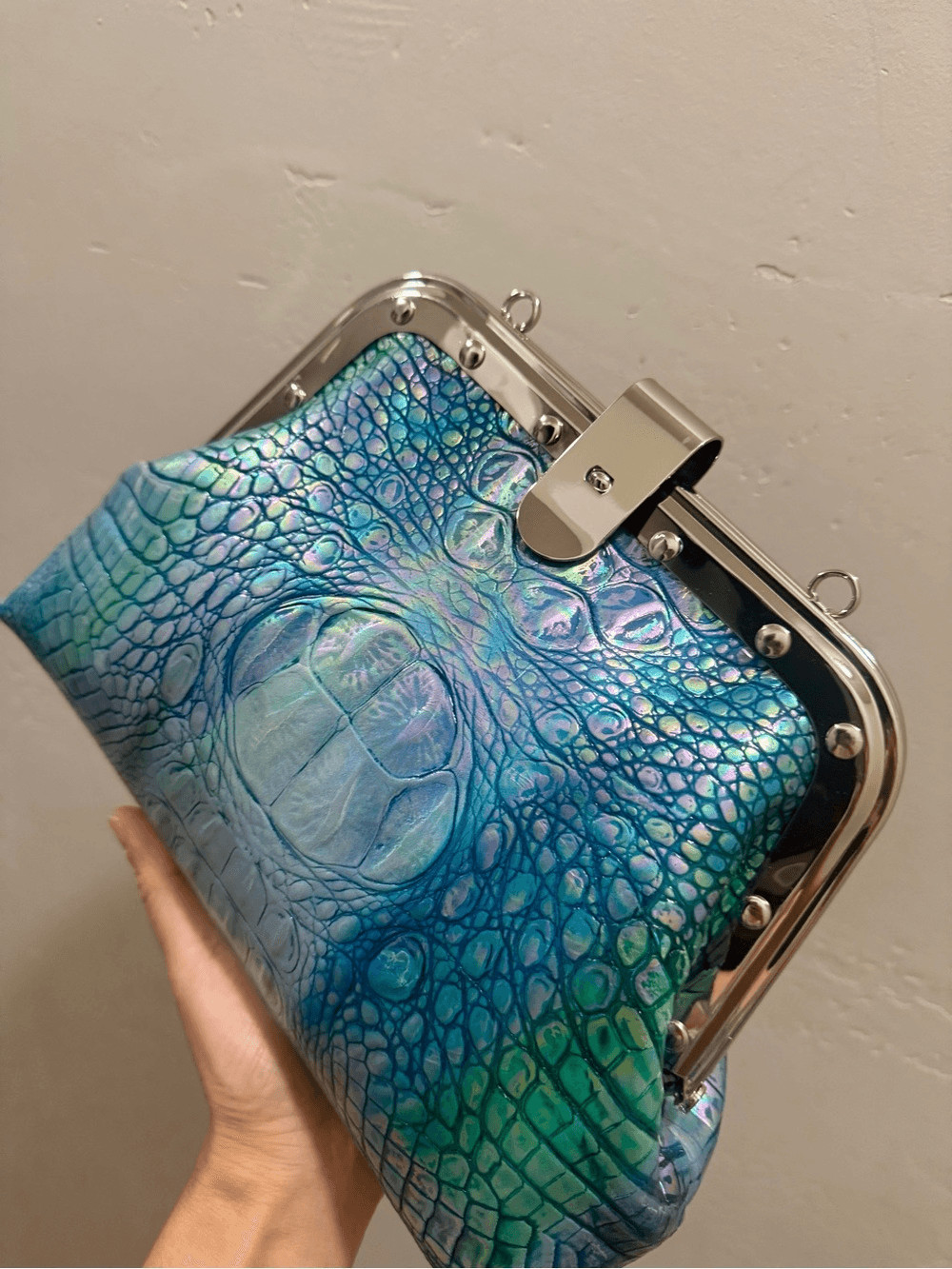 Iridescent Croc-Embossed Cowhide Handmade Unique Rivet Frame Bag, Large Size