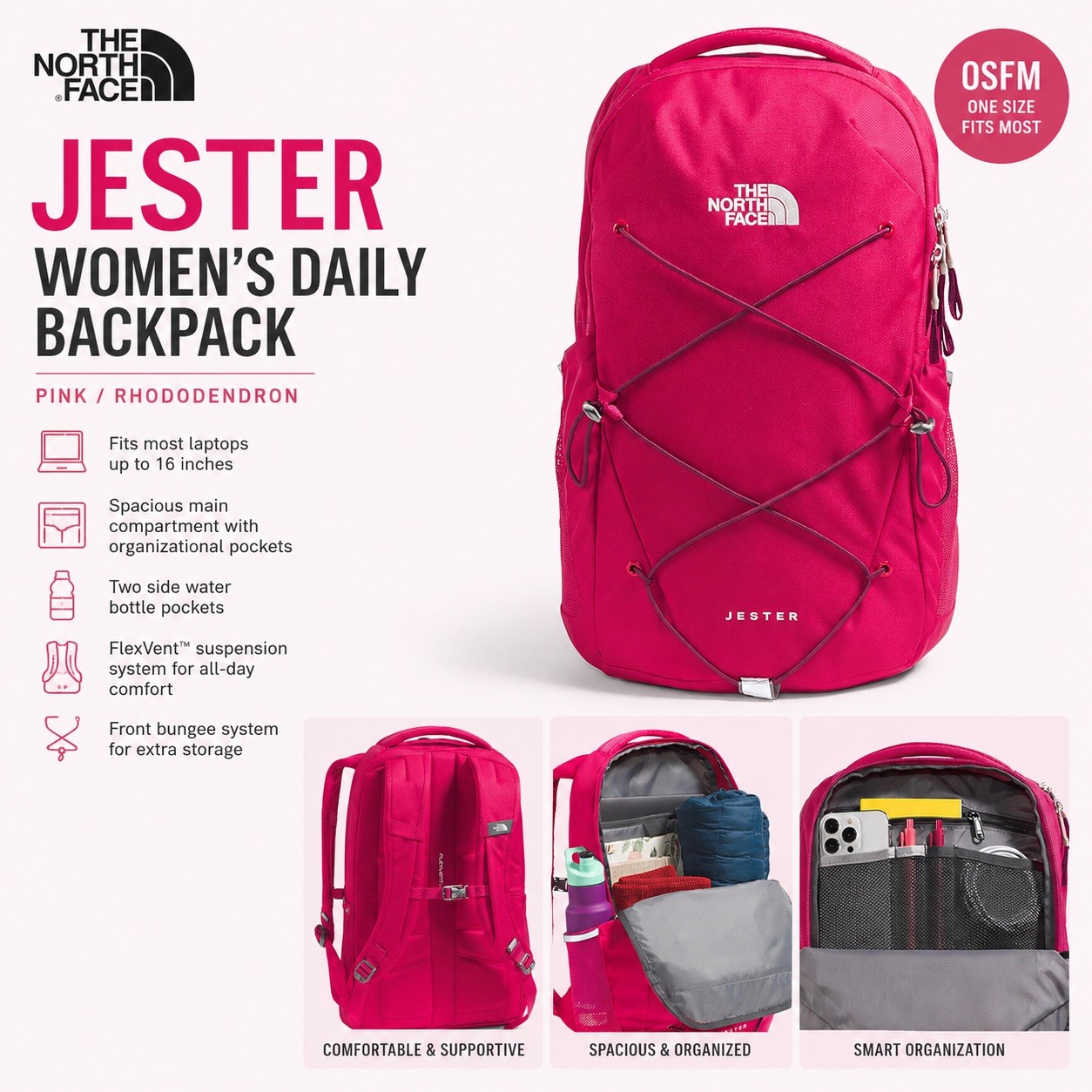 NWT The North Face Jester Women’s Daily OSFM 16-Inch Laptop Backpack, Pink/Rhod