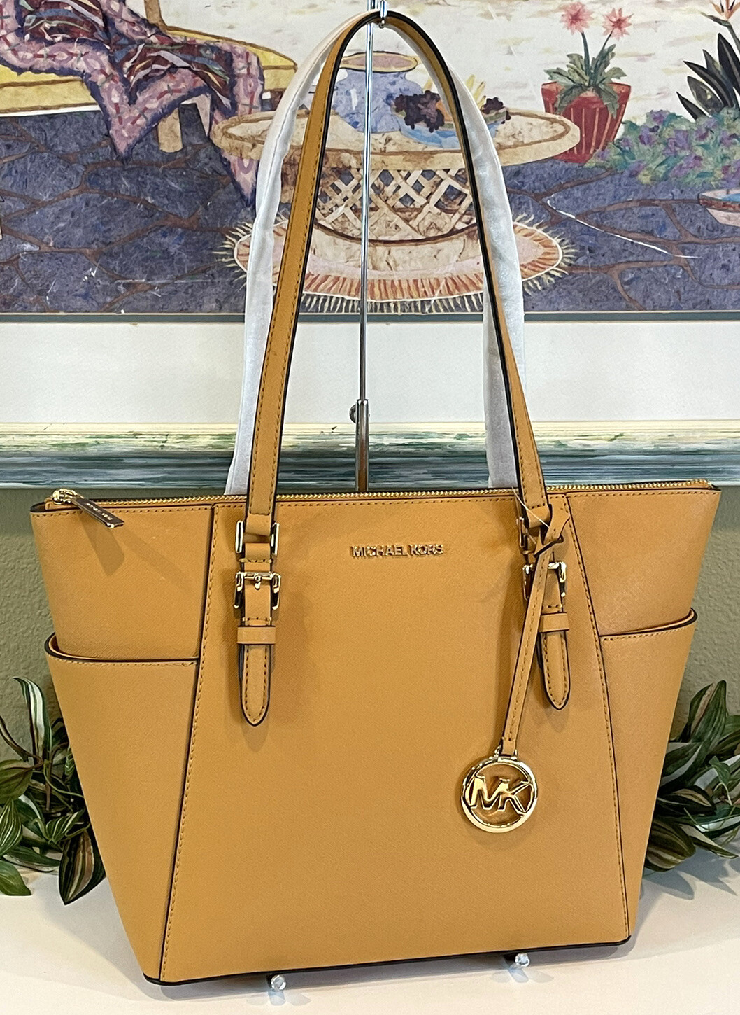 MICHAEL KORS CHARLOTTE MEDIUM LARGE ZIP TOTE SHOULDER BAG PURSE YELLOW LEATHER