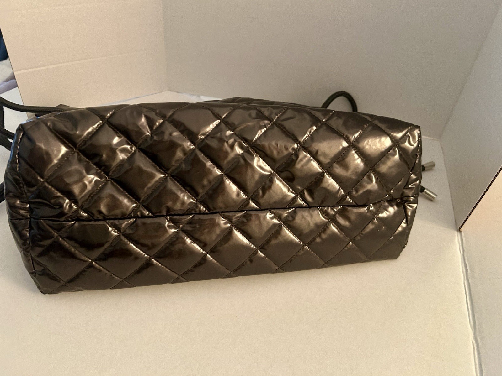 Haute Shore Stacey Convertible Quilted Shoulder Bag Pewter Metallic Patent Shiny