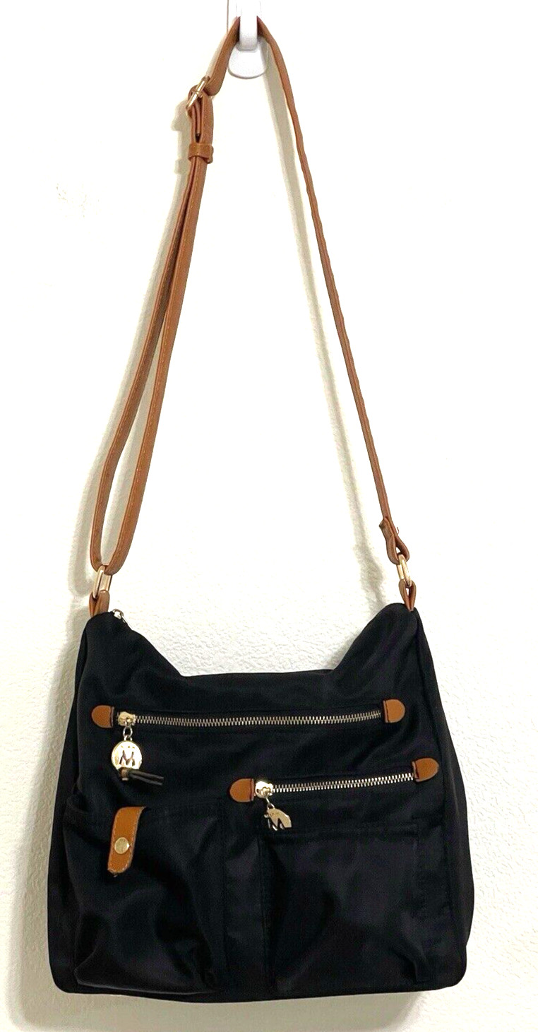 Mia K. Collection Black Hobo Style Cross Shoulder Bag Zipper Top Studded Bottom